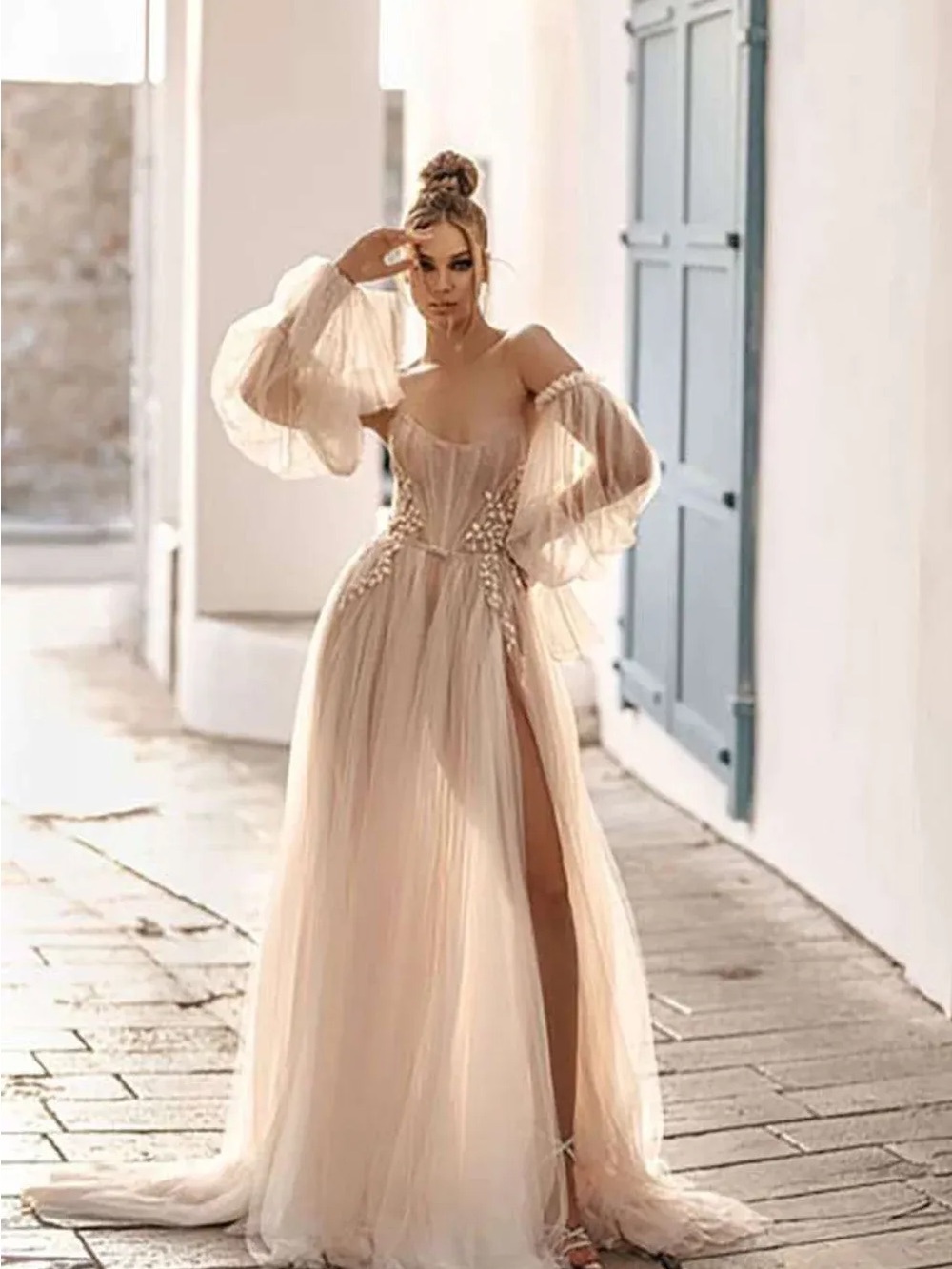 Sheer Off-Shoulder Tulle Gown in Champagne - Picture 3 of 10